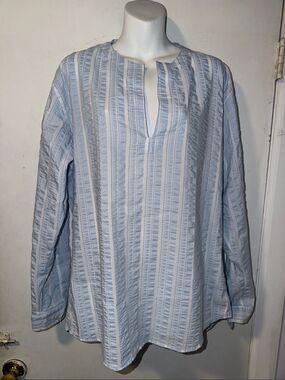 ENVY Light Blue and White Seersucker Long Sleeve Roll Tab Blouse-M